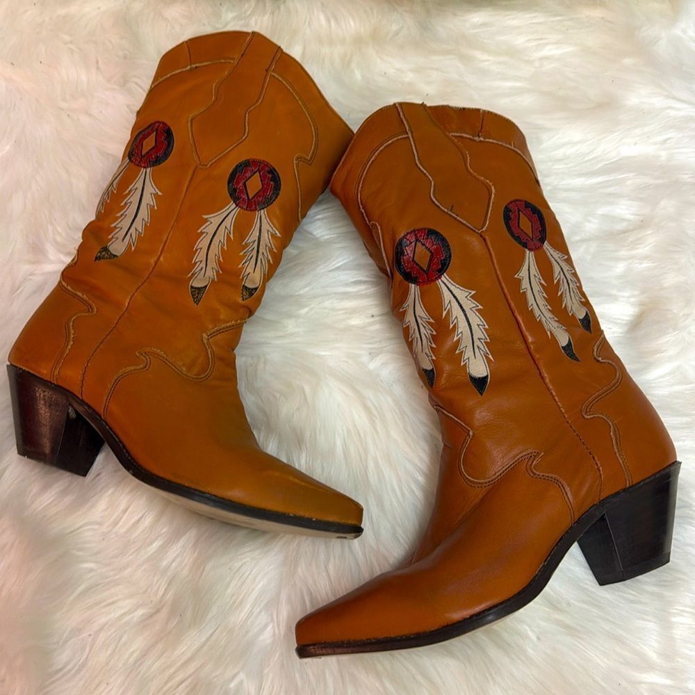 Vintage Real Leather Cowboy Boots Dream Catcher Festival Rave Burning Man‎ T1